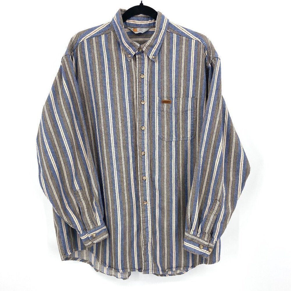 CARHARTT Men's Rugged Outdoor Wear Blue Brown Striped Button Up Collar Shirt XXL